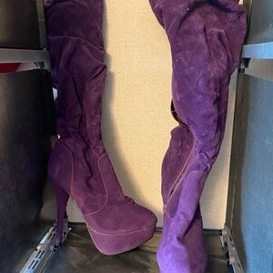 Purple platform knee high heel boots